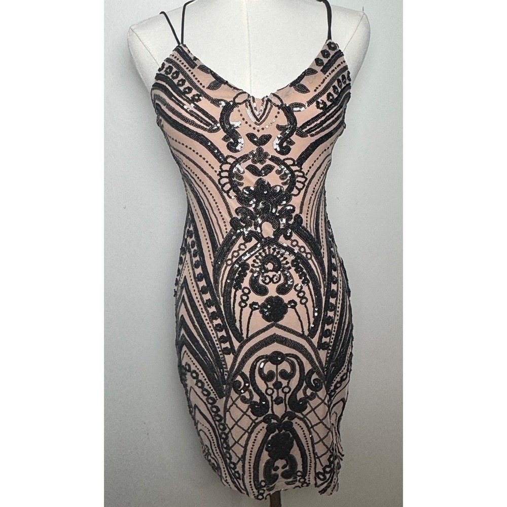 Black Sequin Bodycon Dress Nude Illusion Open Back Strappy Mini Dress Small